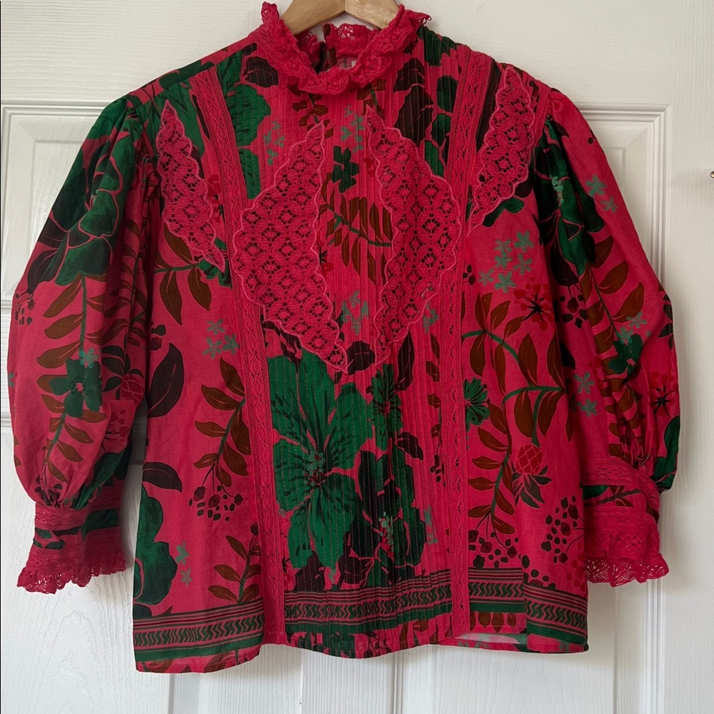 FARM Rio Pink and Green Artistic Blouse, size medium, balloon sleeve.